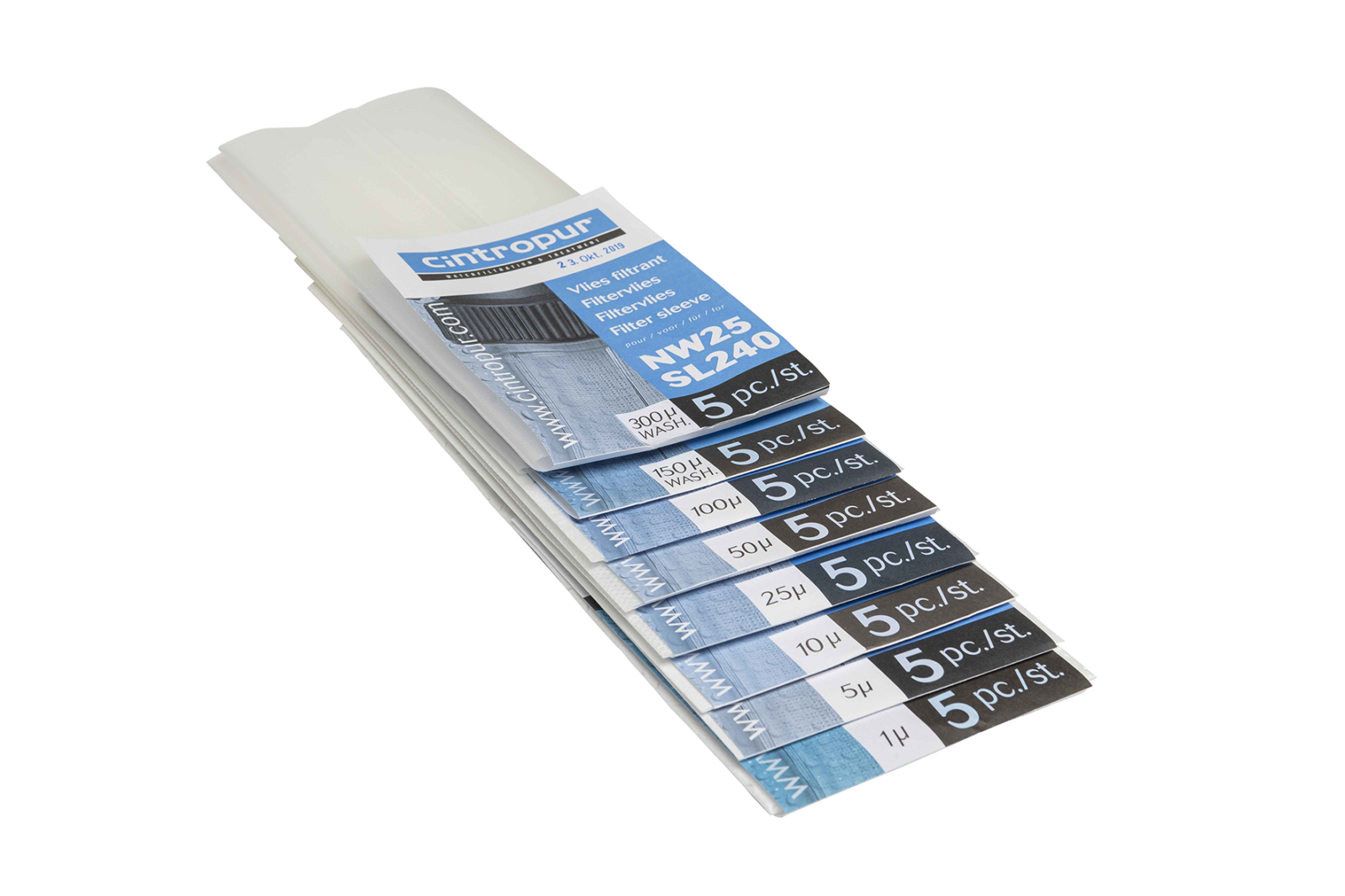 En 5-pack refill av Cintropur Filterdukar för NW25 / SL240, med vita membranark arrangerade i en solfjäderlayout med produktinformationskort.